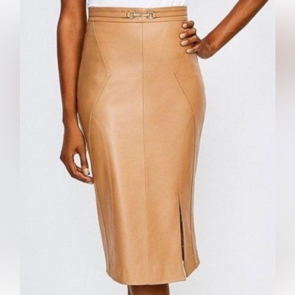 Karen Millen Leather Pencil Belt Feature Skirt with Slit In Tan Size US 8 Rare! - Picture 1 of 12
